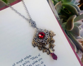 Red Crystal Necklace Victorian Gothic Necklace Filigree Necklace