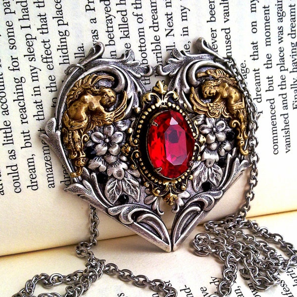Gothic Necklace Swarovski Necklace Red Crystal Necklace Gothic Heart Statement Necklace Gothic Jewelry Victorian Jewelry