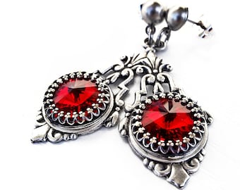 Red Crystal Earrings, Red wedding, Gothic Wedding, Red Earrings, Alternative Wedding Jewelry, Victorian Gothic Jewelry