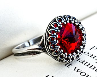 Victorian Gothic Ring Red Crystal Ring Silver Adjustable Ring Solitaire Ring Victorian Gothic Jewelry