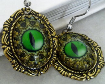 Halloween Dragon Eye Earrings - Dangling Dragon's Eye Earrings Fantasy Reptile Earrings Gothic Jewelry