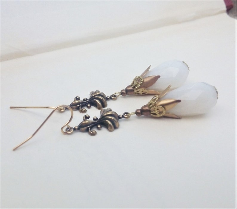 Gold Filigree Earrings White Victorian Earrings Renaissance Jewelry Antique Brass Vintage Style Jewelry White Jade Teardrop Earrings