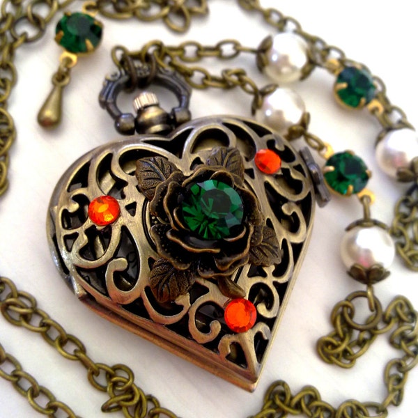 Heart Pocket Watch Pendant Necklace Swarovski Crystal Emerald Green Cream Pearls Filigree Heart Vintage Style Gothic Jewelry