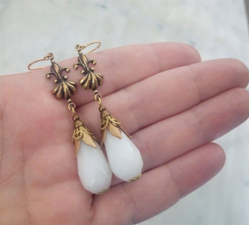 Gold Filigree Earrings White Victorian Earrings Renaissance Jewelry Antique Brass Vintage Style Jewelry White Jade Teardrop Earrings
