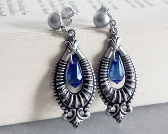 Sapphire Blue Earrings -Crystal Dangle Earrings -Gothic Earrings -Vintage Bride -Goth Bridal Earrings -Bridesmaids Gift -Crystal Jewelry