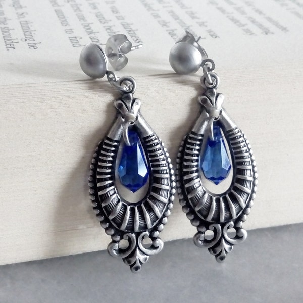 Sapphire Blue Earrings -Crystal Dangle Earrings -Gothic Earrings -Vintage Bride -Goth Bridal Earrings -Bridesmaids Gift -Crystal Jewelry
