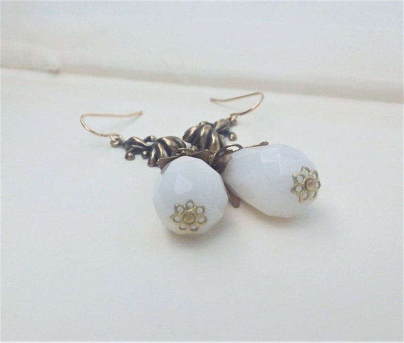 Gold Filigree Earrings White Victorian Earrings Renaissance Jewelry Antique Brass Vintage Style Jewelry White Jade Teardrop Earrings