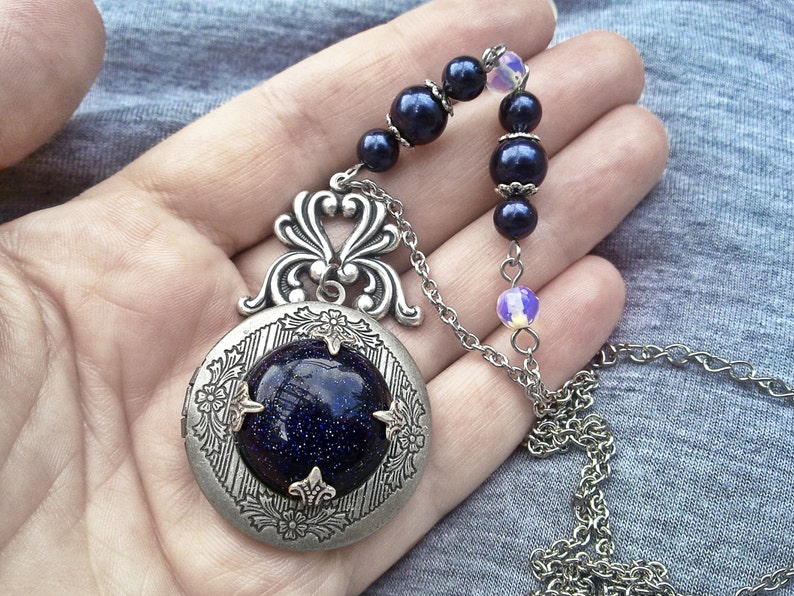 Gothic Locket Necklace / Blue Goldstone Locket / Galaxy Etsy