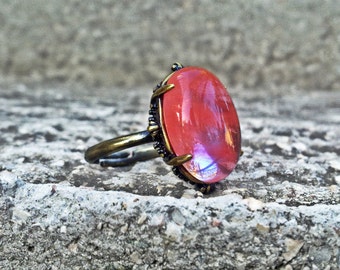 Red Stone Ring Gothic Ring Red Cocktail Ring Quartz Ring Adjustable Ring Medieval Ring Aged Brass Ring Solitaire Ring Gothic Jewelry