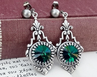 Emerald Green Drop Earrings, Green Earrings, Crystal Earrings, Green Gothic Earrings-Victorian Gift For Her-Green Earrings Jewelry