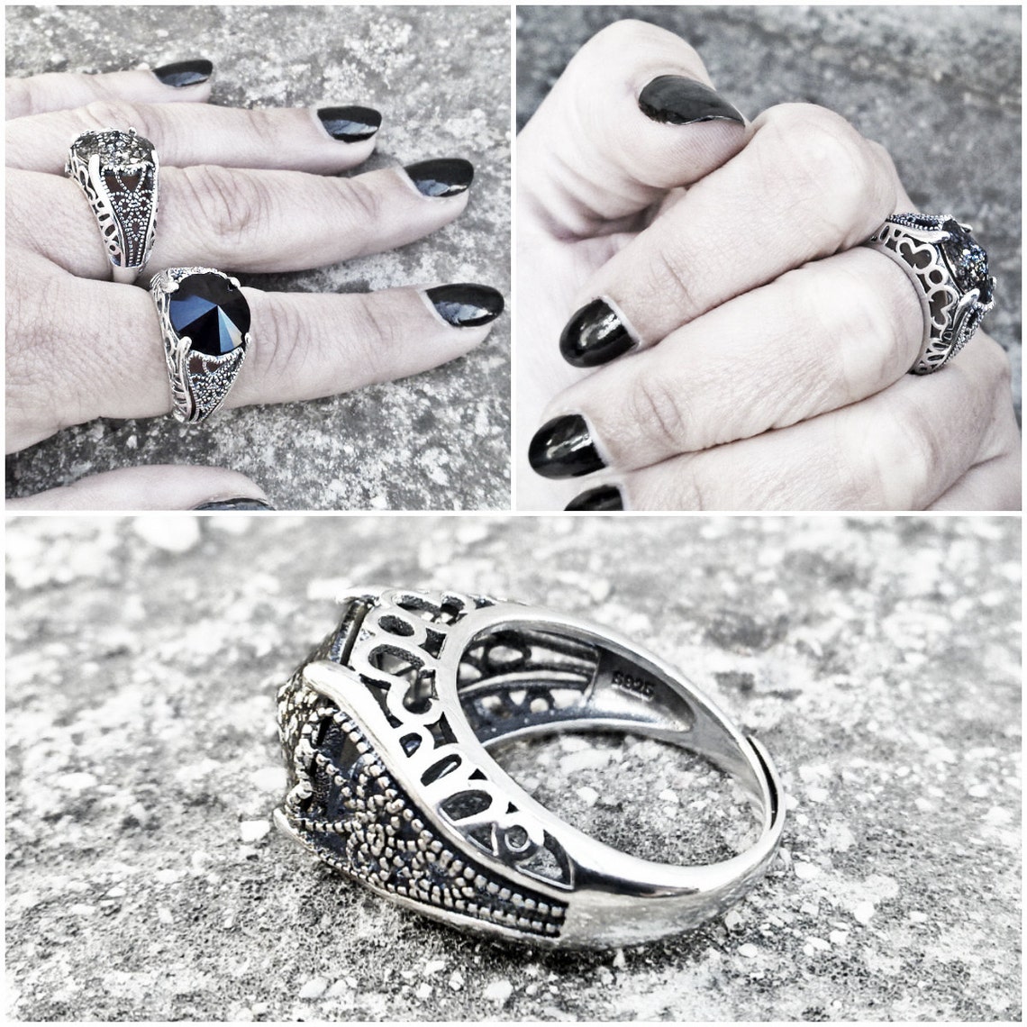 Gothic Ring Black Swarovski Ring Sterling Silver Unisex Ring Etsy