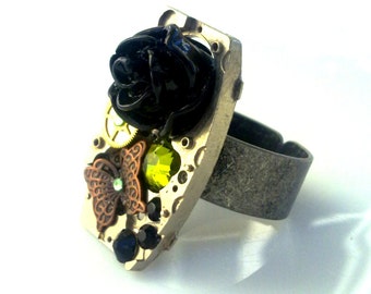 Steampunk Clock Gear Ring - Rocker Ring with Black Rose and Butterfly - Unique Statement Ring - One Of A Kind Jewelry