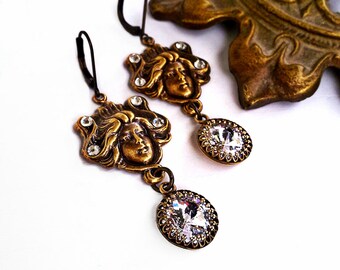 Clear Crystal Earrings Art Nouveau Earrings Mythical Earrings Brass Earrings Renaissance Jewelry Gothic Jewelry