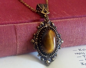 Antique Brass Pendant Necklace with Tigers Eye Gemstone - Gothic Pendant - Gothic Jewelry with Gemstones