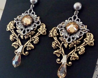 Clothing Gift Victorian Gothic Earrings Golden Shadow Crystal Post Earrings Victorian Gothic Jewelry