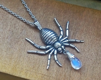 Large Spider Pendant Necklace with genuine Moonstone - Gothic Moonstone Necklace - Silver Spider Necklace - Gothic  Spider Jewelry