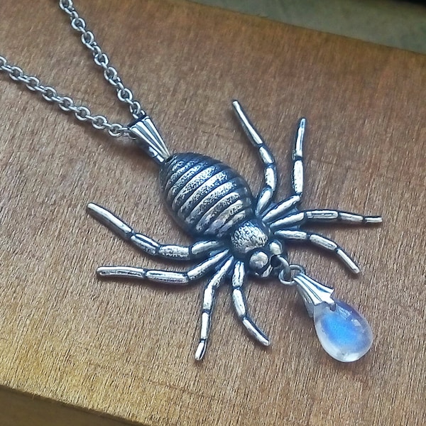 Large Spider Pendant Necklace with genuine Moonstone - Gothic Moonstone Necklace - Silver Spider Necklace - Gothic  Spider Jewelry