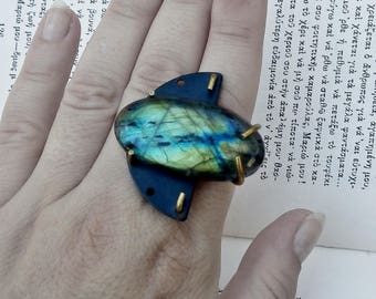 Labradorite Ring,Blue Statement Ring,Blue Stone Ring,Oversized Ring,Boho Ring,Gemstone Ring,Adjustable Ring,Labradorite Jewelry,Modern Ring