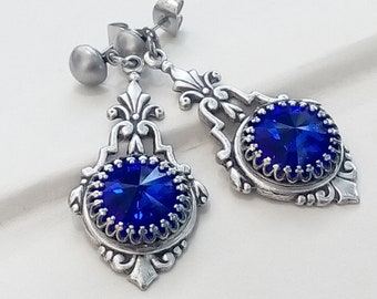 Blue Drop Earrings, Cobalt Blue Crystal Earrings, Bridesmaids Gift, Blue Earrings, Blue Gothic Earrings, Art Deco Earrings