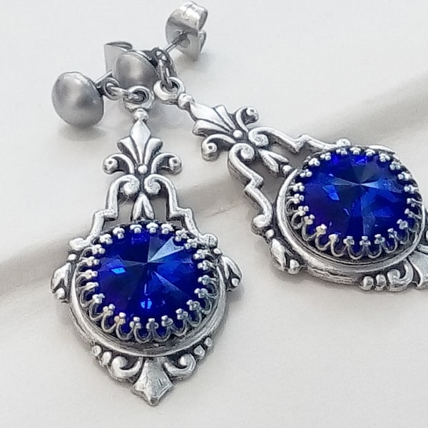 Blue Drop Earrings, Cobalt Blue Crystal Earrings, Bridesmaids Gift, Blue Earrings, Blue Gothic Earrings, Art Deco Earrings