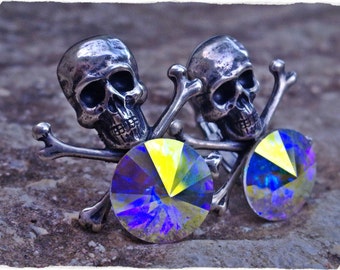 Gothic Skull Earrings, Crystal Earrings, Skull and Crossbones Earrings, Skull Jewelry, Silver Skull Earrings, Gothic Jewelry