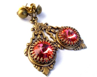 Crystal Post Earrings Victorian Gothic Earrings Antique Gold Orange Crystal Earrings Vintage Style Jewelry Gift Idea Gothic Jewelry