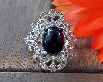 Sterling Silver Ring / Black Onyx Ring / Micropave Ring / Art Deco Ring / Victorian Ring /Anniversary Ring / Filigree Ring / Gift For Her