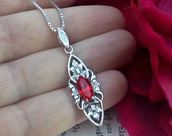 Red Crystal Necklace Victorian Necklace Sterling Silver Filigree Necklace Red Crystal Pendant Floral Victorian Jewelry Vintage Style