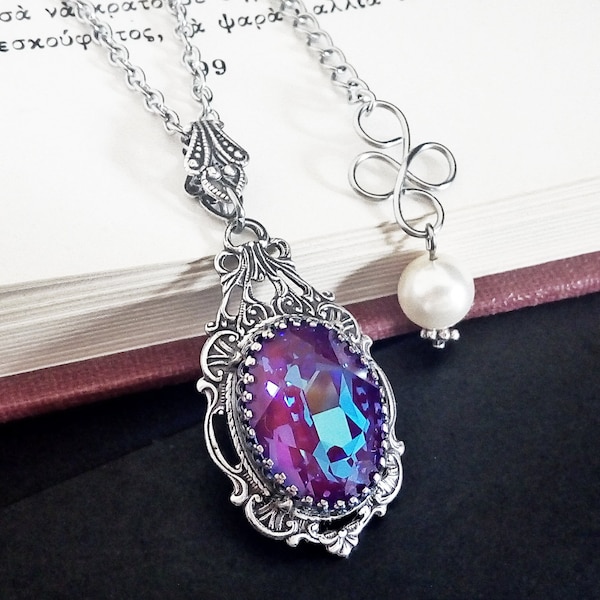 Iridescent Crystal Gothic Necklace Gift for Women Victorian Gothic Purple Crystal Silver Filigree Pendant Pearl Victorian Gothic Clothing