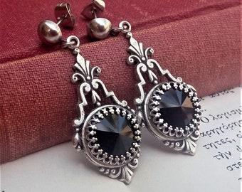 Black Crystal Drop Earrings, Black Earrings, Black Gothic Earrings, Antique Silver Earrings, Gothic Jewelry, Gift For Her