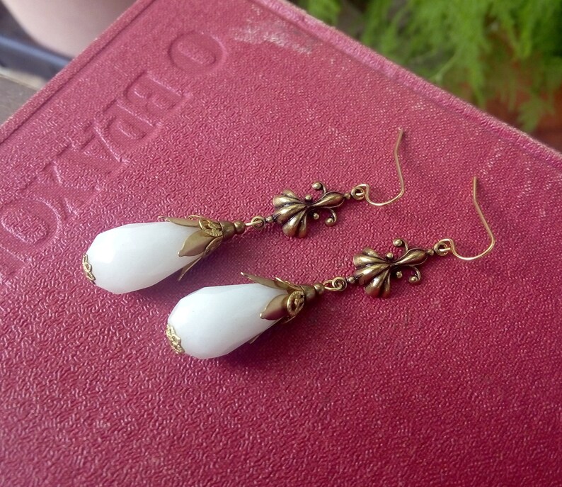 Gold Filigree Earrings White Victorian Earrings Renaissance Jewelry Antique Brass Vintage Style Jewelry White Jade Teardrop Earrings