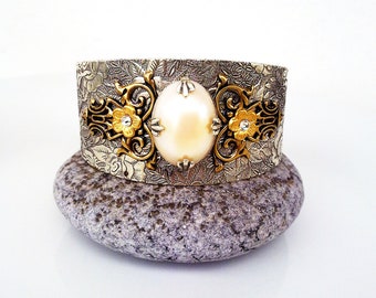 Victorian Cuff Bracelet Silver Gold Brass Pearl Floral Vintage Style Jewelry