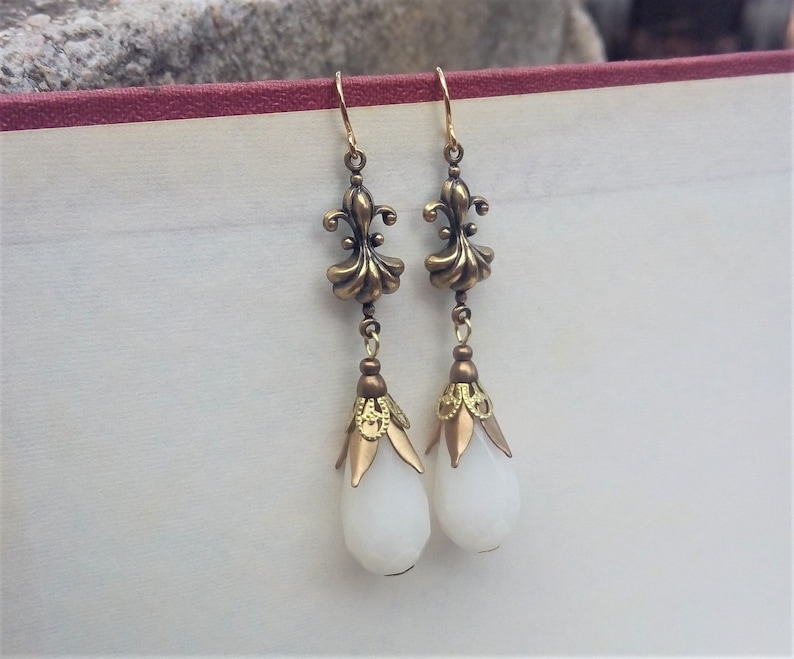 Gold Filigree Earrings White Victorian Earrings Renaissance Jewelry Antique Brass Vintage Style Jewelry White Jade Teardrop Earrings