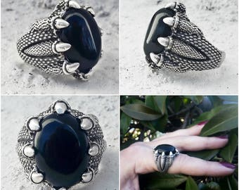 Dragon Claw Ring Gothic Ring Mens Ring Goth Ring Talon Ring Silver Ring Unisex Black Onyx Ring Solitaire Ring Adjustable Ring Gothic Jewelry