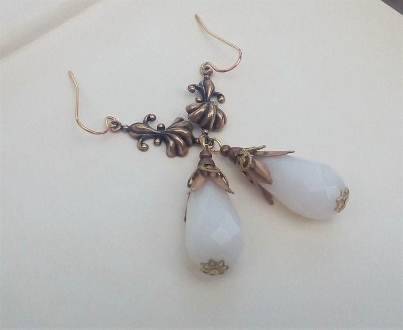 Gold Filigree Earrings White Victorian Earrings Renaissance Jewelry Antique Brass Vintage Style Jewelry White Jade Teardrop Earrings