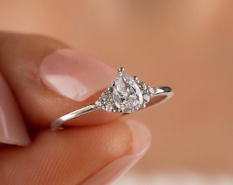 Pear Engagement Ring, 3 Stone, Lab Diamond or Moissanite