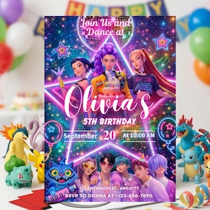 May include: A vibrant birthday invitation featuring a neon star design with animated characters. The invitation reads "Olivia's 5th Birthday" with the date and time. The background is a colorful galaxy theme with a disco ball.