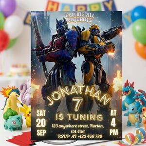 May include: A birthday party invitation featuring Optimus Prime and Bumblebee from Transformers. The invitation includes the text "Calling All Autobots" and details for a party for Jonathan, including the date, time, and location.