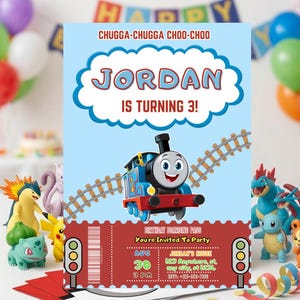 May include: A birthday party invitation featuring a blue cartoon train on a track, with the text "JORDAN IS TURNING 3!". The invitation includes the date, time, and location of the party, designed in a ticket style with a red border and traffic light graphics.