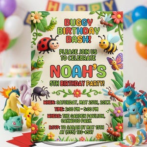 Invitación de cumpleaños con temática de insectos / Invitación para fiesta temática de "Buzz Hop Crawl" / Plantilla editable de Canva / Descarga digital