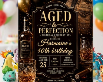 Editable Aged To Perfection Birthday Invitation, Whiskey Bourbon Party Invite, Men's Milestone 30th 40th 50th, Neon Gold Digital Canva