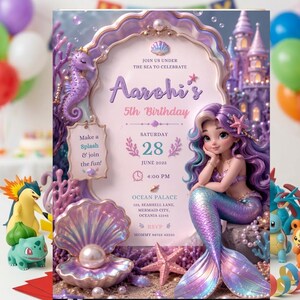 Zeemeerminstaart verjaardagsuitnodiging, Under the Sea zeemeermin feestuitnodiging, zeemeermin bash bewerkbare sjabloon, grillige oceaan verjaardag Canva uitnodigen