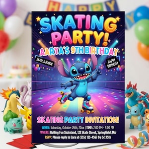 May include: A vibrant invitation for a skating party featuring the text "SKATING PARTY!" and "AARYA'S 9TH BIRTHDAY." The design includes a cartoon character on roller skates. Additional text provides event details.