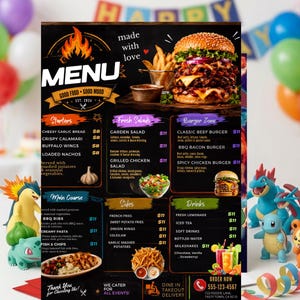 May include: A black restaurant menu featuring a large burger image at the top, sections for starters, salads, burgers, main courses, sides, and drinks, with prices listed in dollars, and text including MENU, GOOD FOOD, and MADE WITH LOVE.