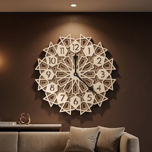 Puede incluir: Un gran reloj de pared circular con un complejo patrón de estrella geométrica de varias capas en tonos crema y marrón claro. La esfera muestra números arábigos negros del uno al doce y finas manecillas negras centradas en el diseño.