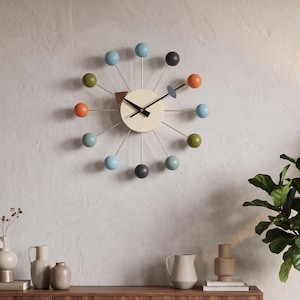Atomic Clock, Metal MCM Wall Clock, Mid Century Modern Starburst Design, 12 Inch Colorful Ball Wall Decor, Japanese Quartz