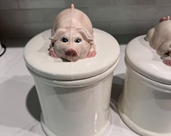 Set of 4 Pig Theme Kitchen Canisters, Adorable Piggies on Lids