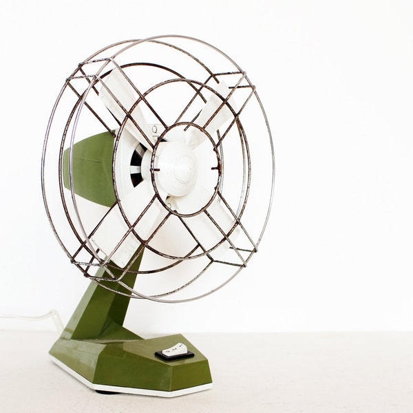 Vintage olive moss green table fan white by AEPI