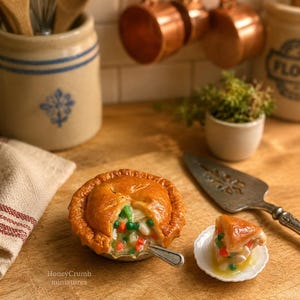 May include: A miniature pot pie with a golden-brown crust, featuring a visible filling of green peas, orange carrots, and white chunks. A small slice sits on a white scalloped plate next to a metal server. The text HoneyCrumb miniatures is visible.