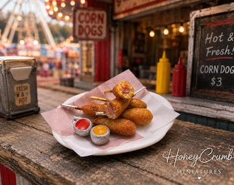 Handmade Miniature Corn Dog Platter with Dipping Sauces – Dollhouse Fair Food Display